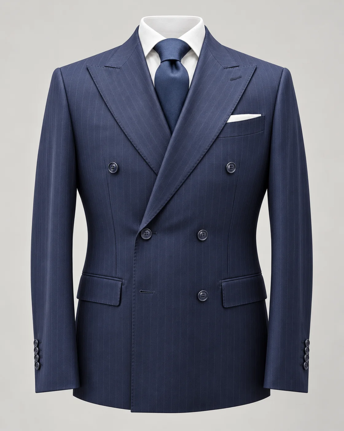 Costume croisé bleu marine à rayures en pure laine — Vue produit