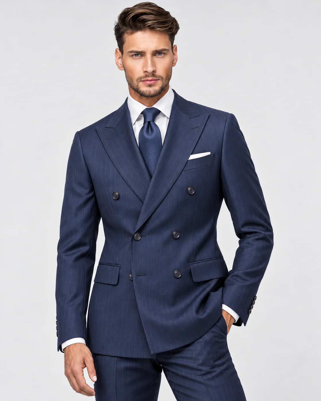 Costume croisé bleu marine à rayures en pure laine — Détails