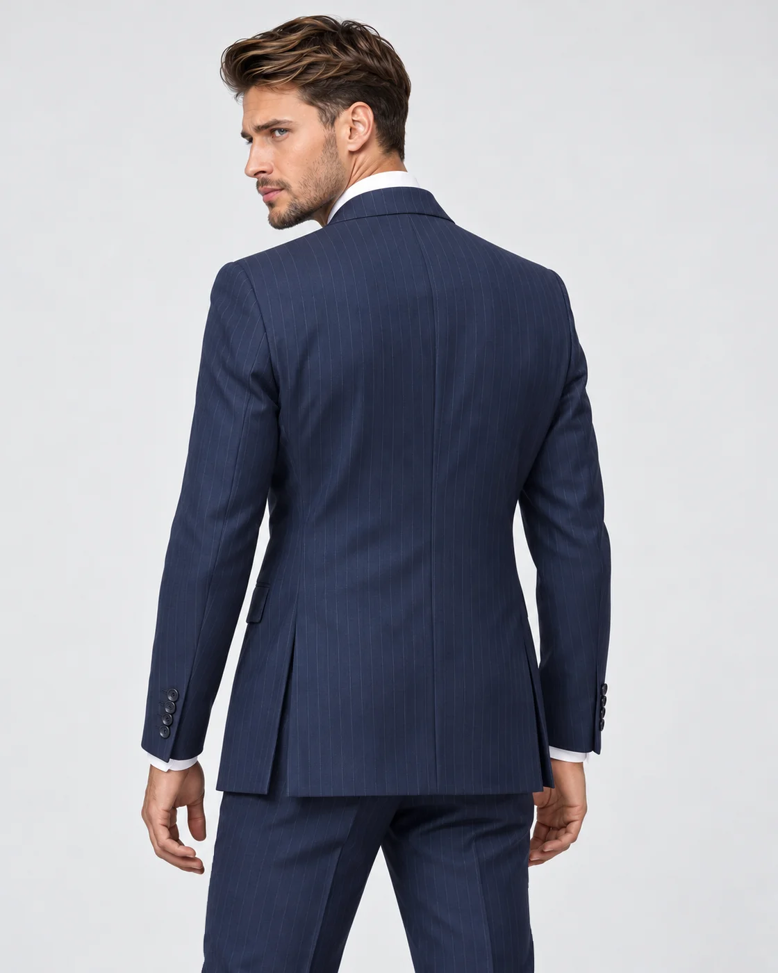 Costume croisé bleu marine à rayures en pure laine — Vue de dos