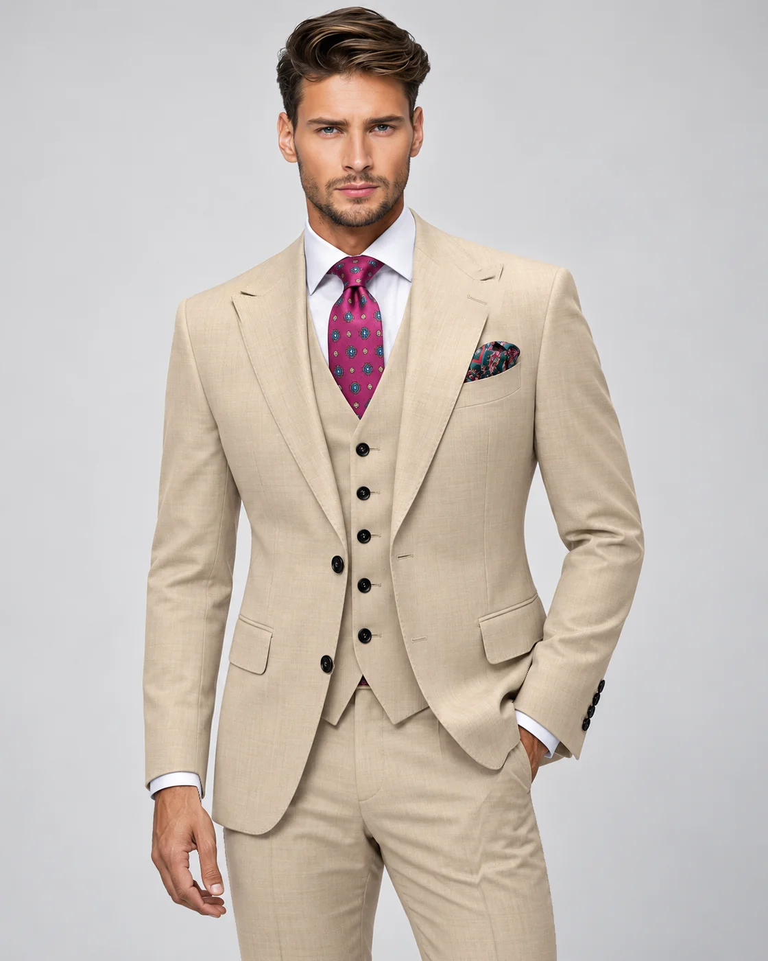 Costume trois-pièces beige en pure laine — Détails