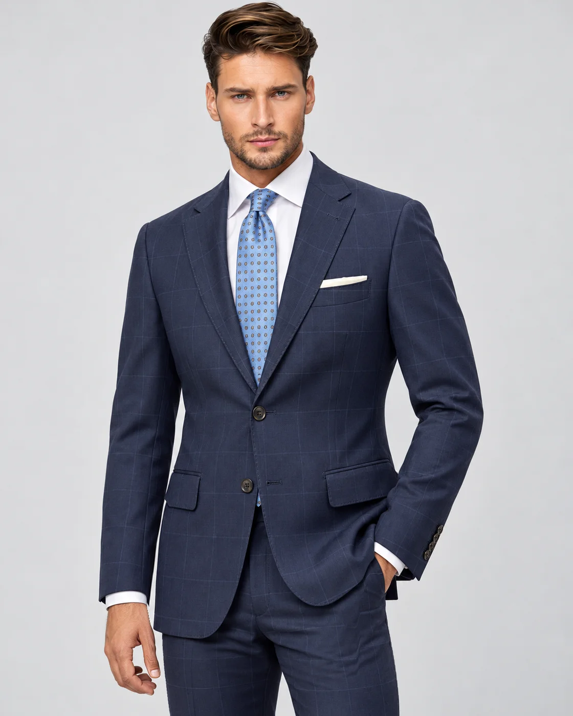 Costume bleu marine à carreaux fenêtre en pure laine — Détails