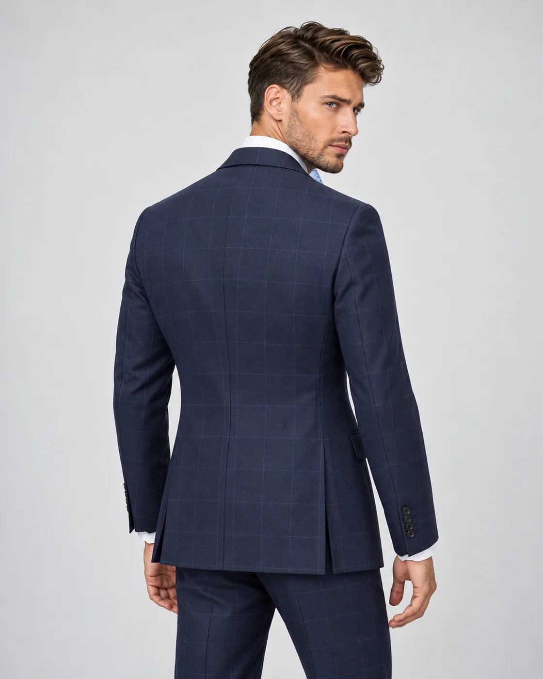 Costume bleu marine à carreaux fenêtre en pure laine — Vue de dos