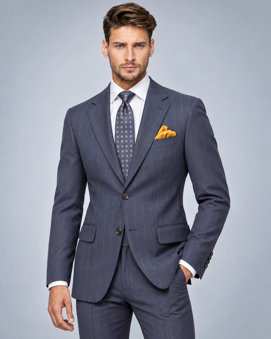 Costume bleu marine à rayures ocre en pure laine — Détails