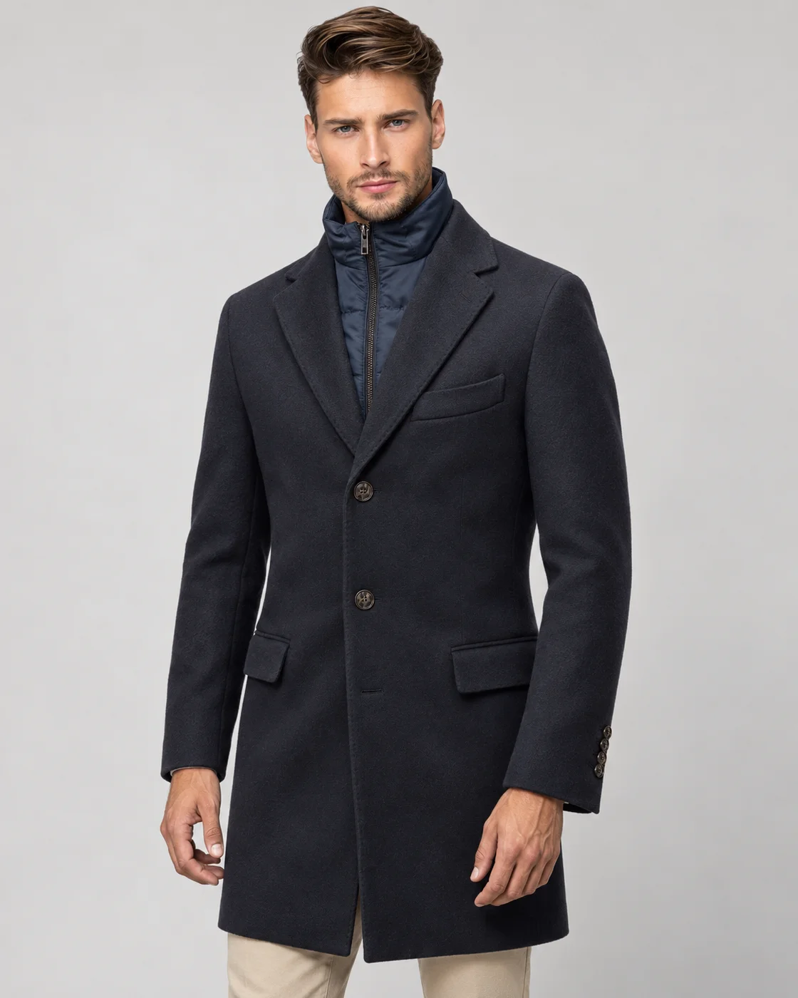 Manteau droit laine et cachemire, bleu marine — Détails